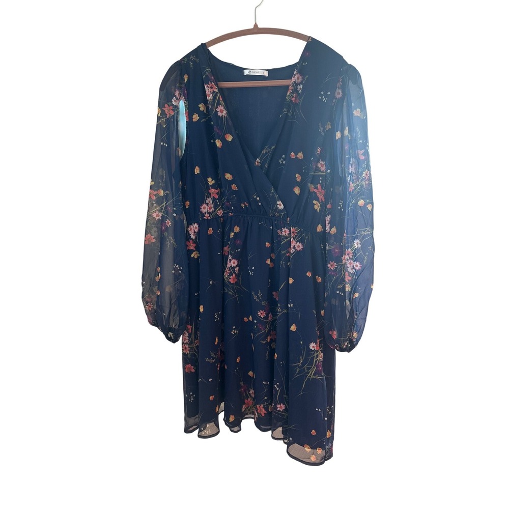 Cupshe Navy Blue Floral Wrap V-Neck Mini Dress Long Balloon Sleeve XL Wildflower